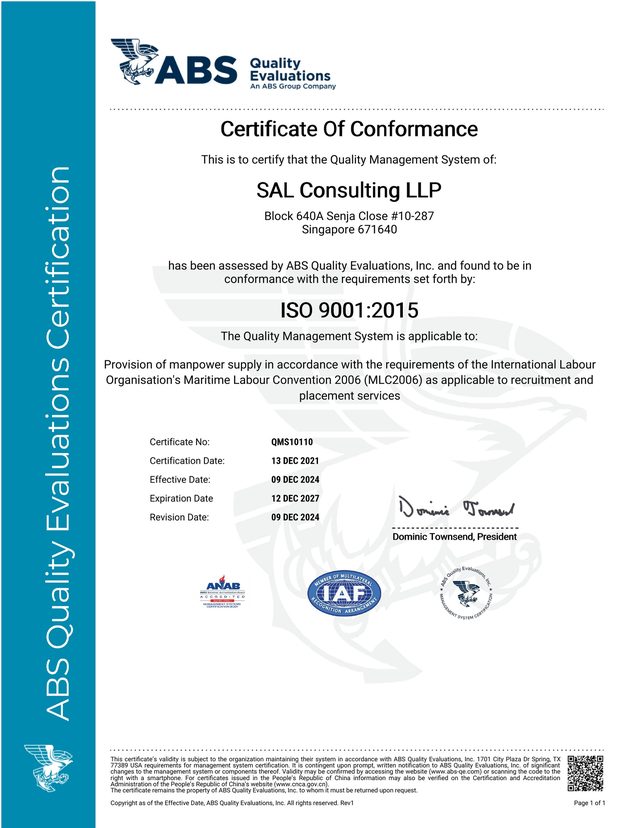 ABS Quality Evaluations ISO 9001:2015 certificate for SAL Consulting LLP