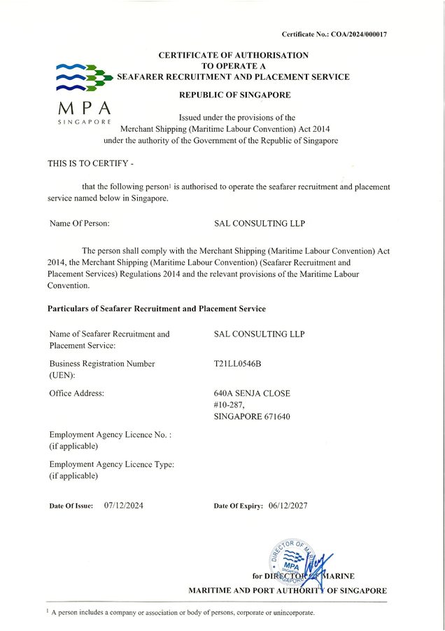 MPA Singapore Certificate of Authorisation for SAL Consulting LLP
